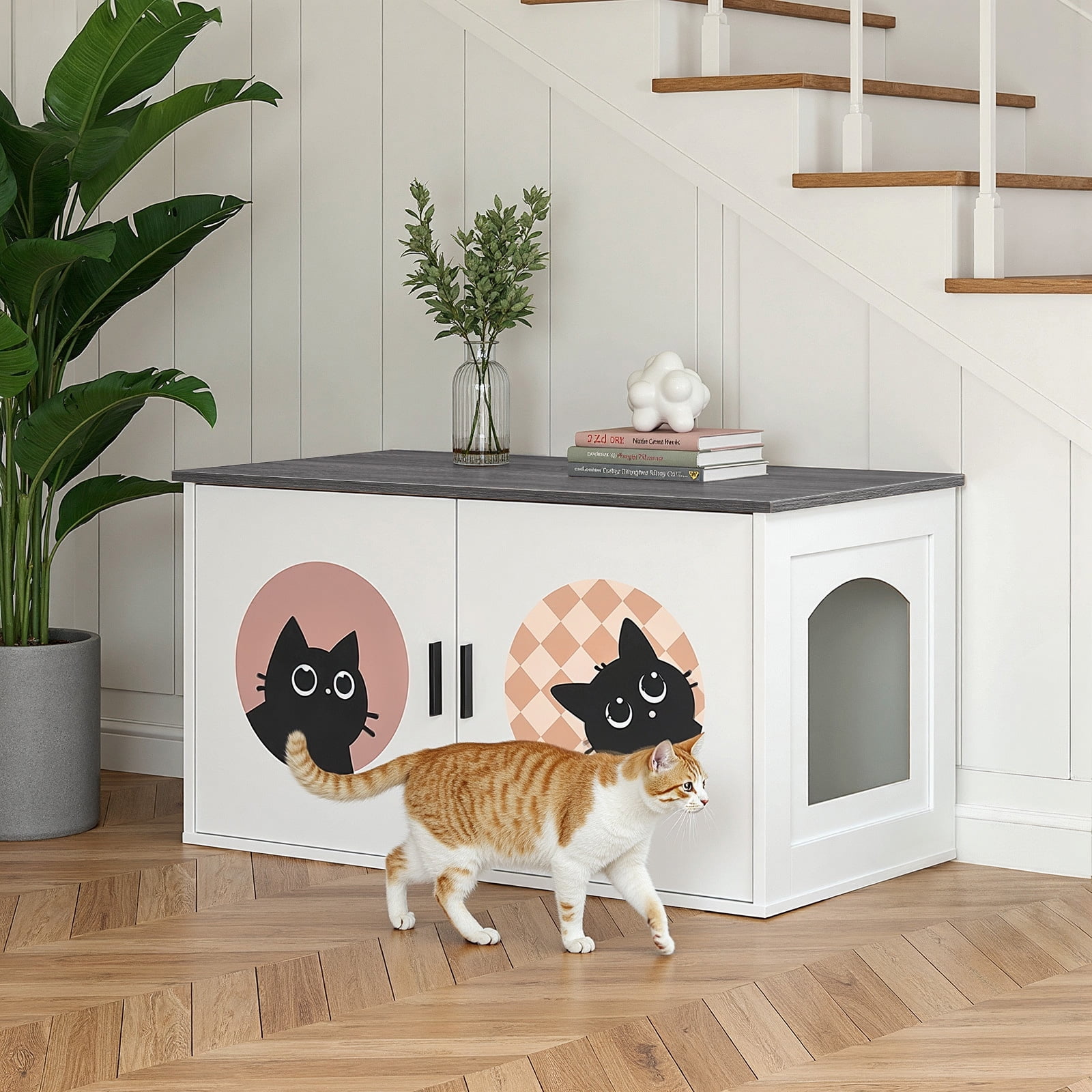 HOOBRO Cat Litter Box Enclosure, Hidden Litter Box Enclosure Furniture with Cute Cat Patterns and Arched Entrance, Litter Box Cabinet, Side Table, for Living Room, White and Charcoal Gray BW08MW01