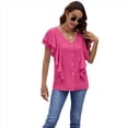 thumbnail image 2 of Blusas Informales Elegantes para Mujer, Blusas con Cuello en V, Botones y Mangas con Volantes. Rosa Roja XXL, 2 of 10