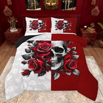 Feelyou Couple Skeleton Skull Full Size Comforter Sets, Anniversary Red Rose Bedding Comforter Set, Gothic Romantic Theme Reversible Bedding Sets, Luxury Bedroom Decor, 3 Pieces