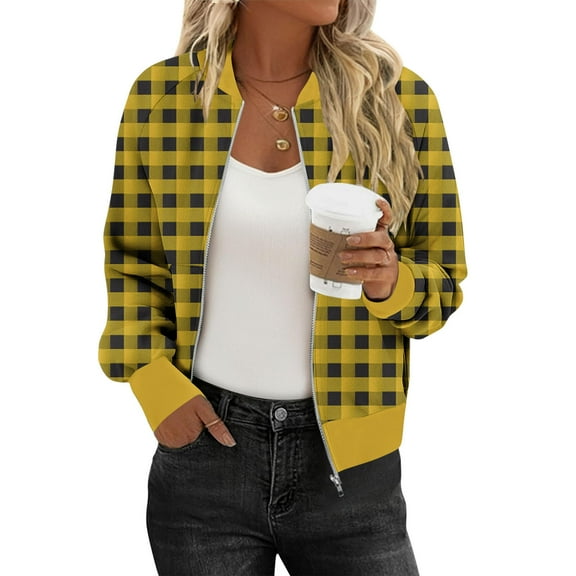 Zip Up Jacket for Women Lightweight Windproof Bomber Jackets Fashion Plaid Printed Baseball Coat Boyfriend Loose Fit Outerwear