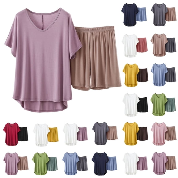 NominalSnug Pajama Sets for Women Round Neck Short Sleeve Sleep Shirts Wide Leg Pleated Shorts Casual Loose Loungewear