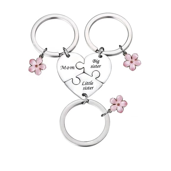 37jewelry 3 Piece Heart Puzzle Keychain Set for Mom Big Sister and Little Sister Stainless Steel Family Gift with Pink Flower Charms 1.77in