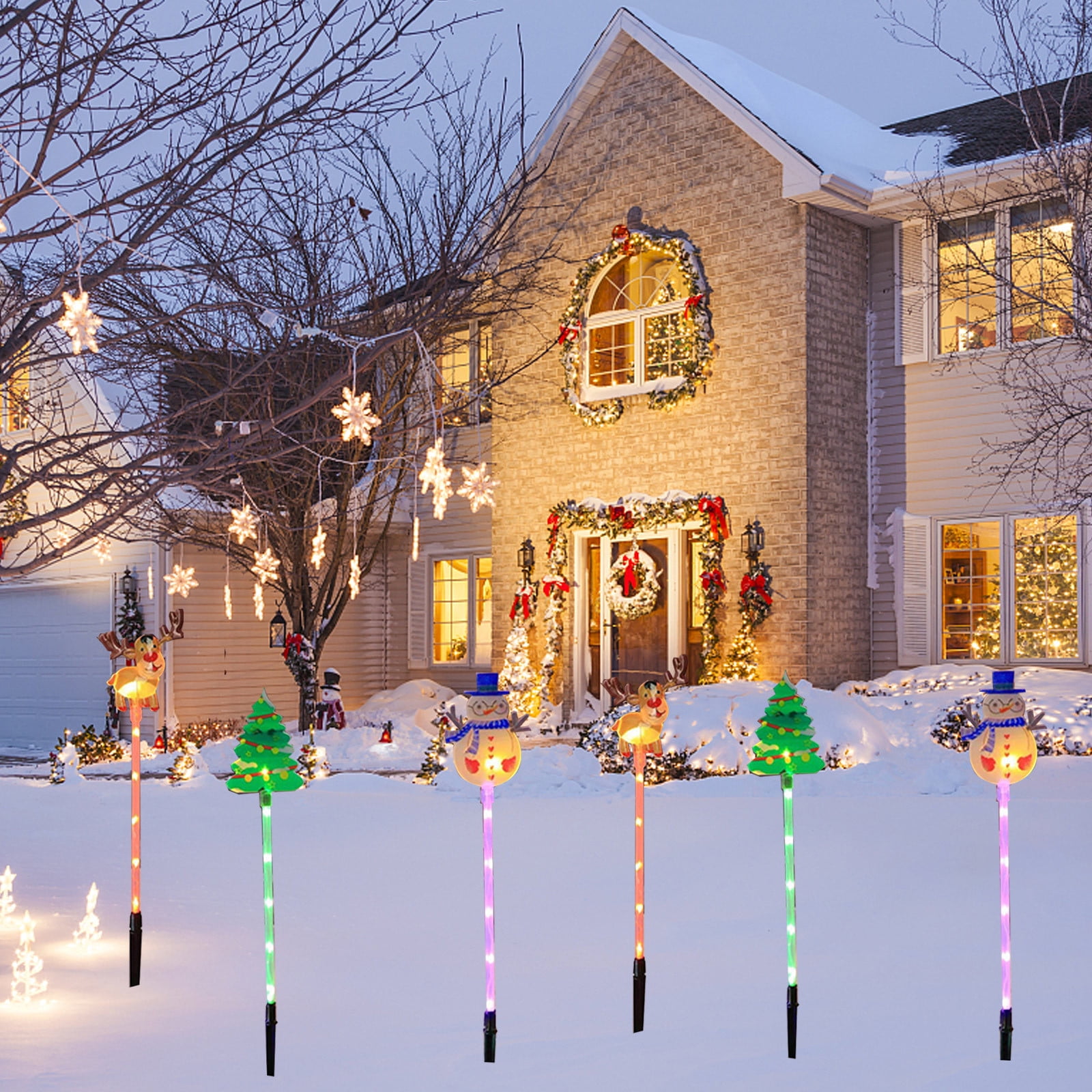 Lot De 5 Lampes Solaires De Noël Pour Allée Et Jardin | Formes Flocons, étoiles, Arbres | Étanches, LED, Installation Sans Fil