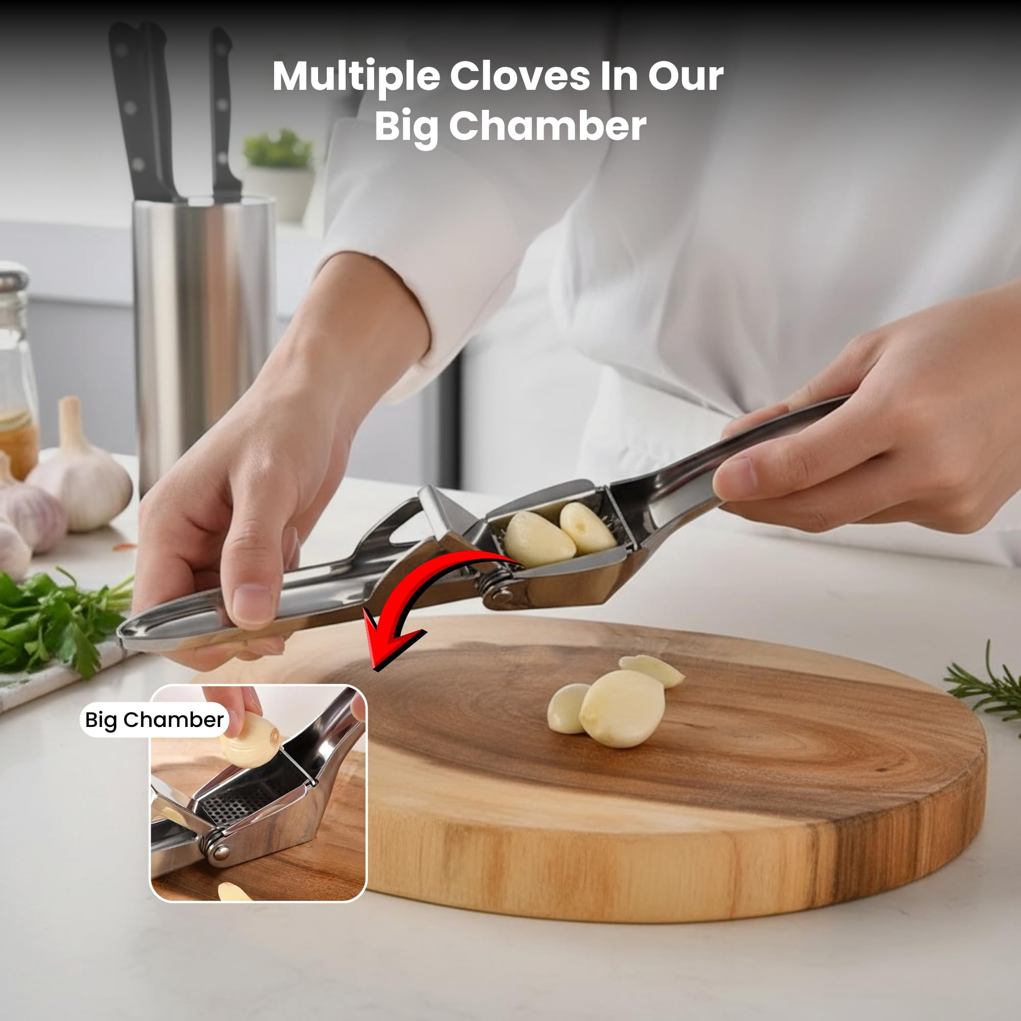 Garlic Press Stainless Steel - Heavy Duty No-peel & Mincer  High Capacity Chamber Rust-free 304 Easy Clean Dishwasher Safe Clove Hand