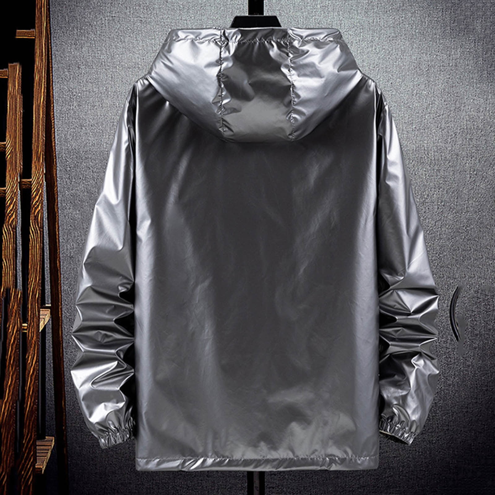 Holographic Jacket for Men Lightweight Long Sleeve Metallic Shiny Zip Up Hoodie Coat Outerwear with Pockets