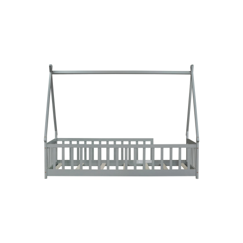Bellemave Twin Size Floor Bed, Teepee Tent Bed Beds, Twin Montessori Floor Bed with Guardrails, Wood House Bed with Slats, Grey