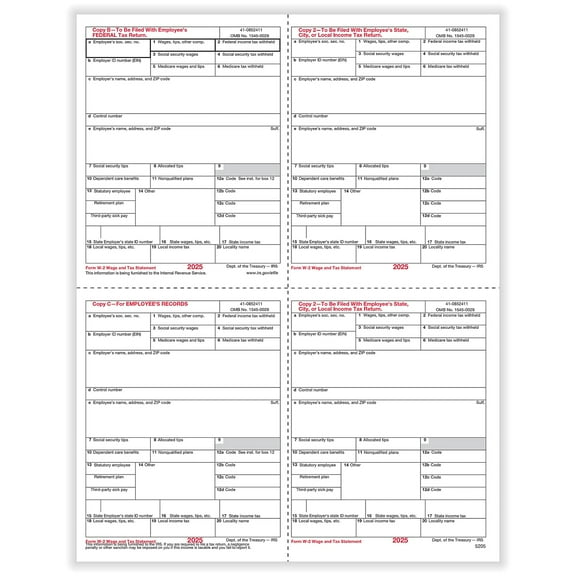 ComplyRight 2025 W-2 Tax Form 1-Part 4-Up Employee Copy B C and 2 50/Pack (520550)