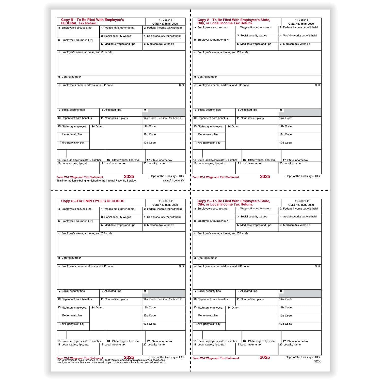 ComplyRight 2025 W-2 Tax Form 1-Part 4-Up Employee Copy B C and 2 50/Pack (520550)