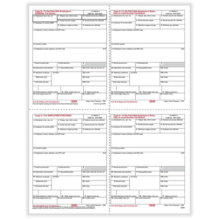 ComplyRight 2025 W-2 Tax Form 1-Part 4-Up Employee Copy B C and 2 50/Pack (520550)