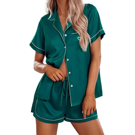 

Silk Satin Pajamas Womens Sleepwear Short Sleeve Loungewear Two Piece PJ Sets