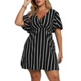 thumbnail image 4 of Women'S Plus Size Dress V Neck Short Sleeve Striped Smocked Waist A Line Short Summer Dress Black L, 4 of 9