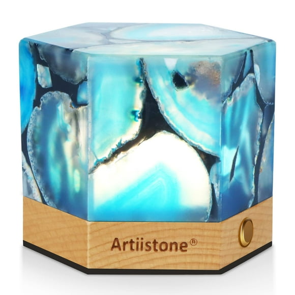 Artiistone Blue Agate Crystal Night Light Gemstone LED Touch Lamp Carved Natural Agate Stone Lights with Wooden Base USB Rechargeable for Home Decor Bedroom Office Meditation