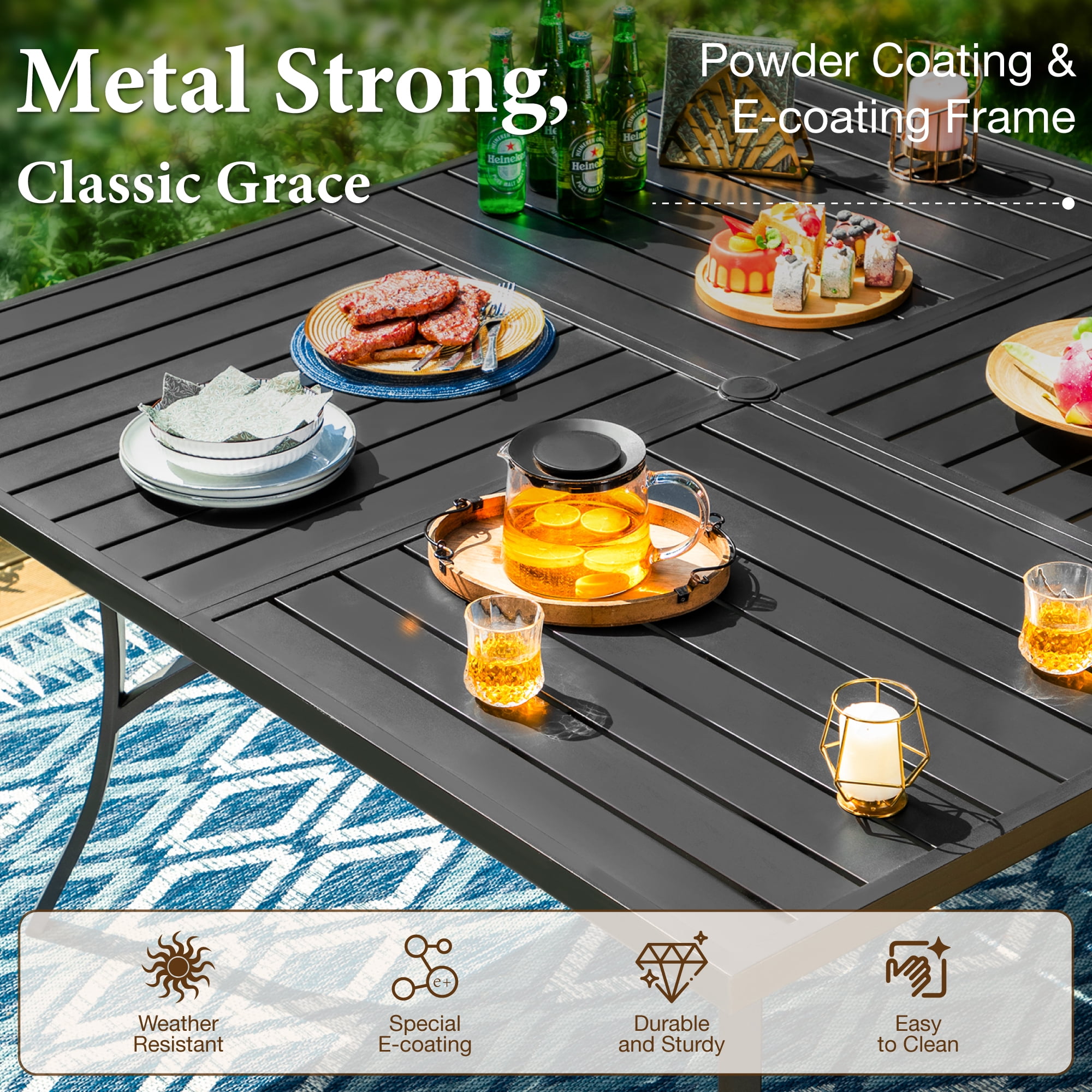MF Studio Square Outdoor Patio Dining Table, Metal Patio Table with Umbrella Hole for 8, Black