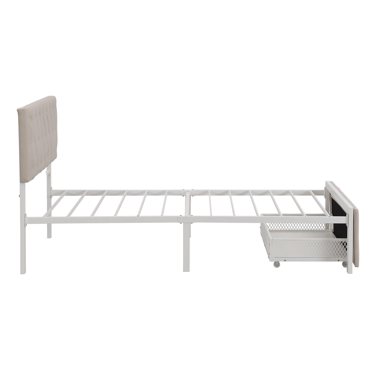 Kadyn Metal Platform Twin Bed Frame with Storage Drawer, Twin Platform Bed Frame with Upholstered Headboard, No Box Spring Needed, Beige&Twin