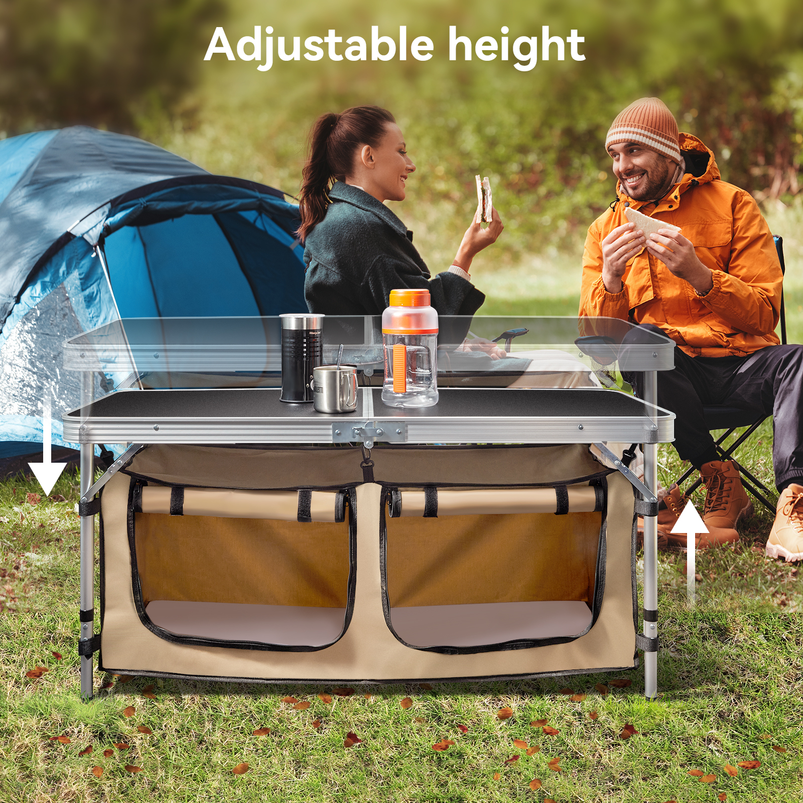 Folding Camping Table Set, VECUKTY Camping Kitchen Station, Aluminum Portable Folding Camp Cook Table with Storage Organizer and 2 Adjustable Feet,1 Folding Trash Can, Gray - image 4 of 9
