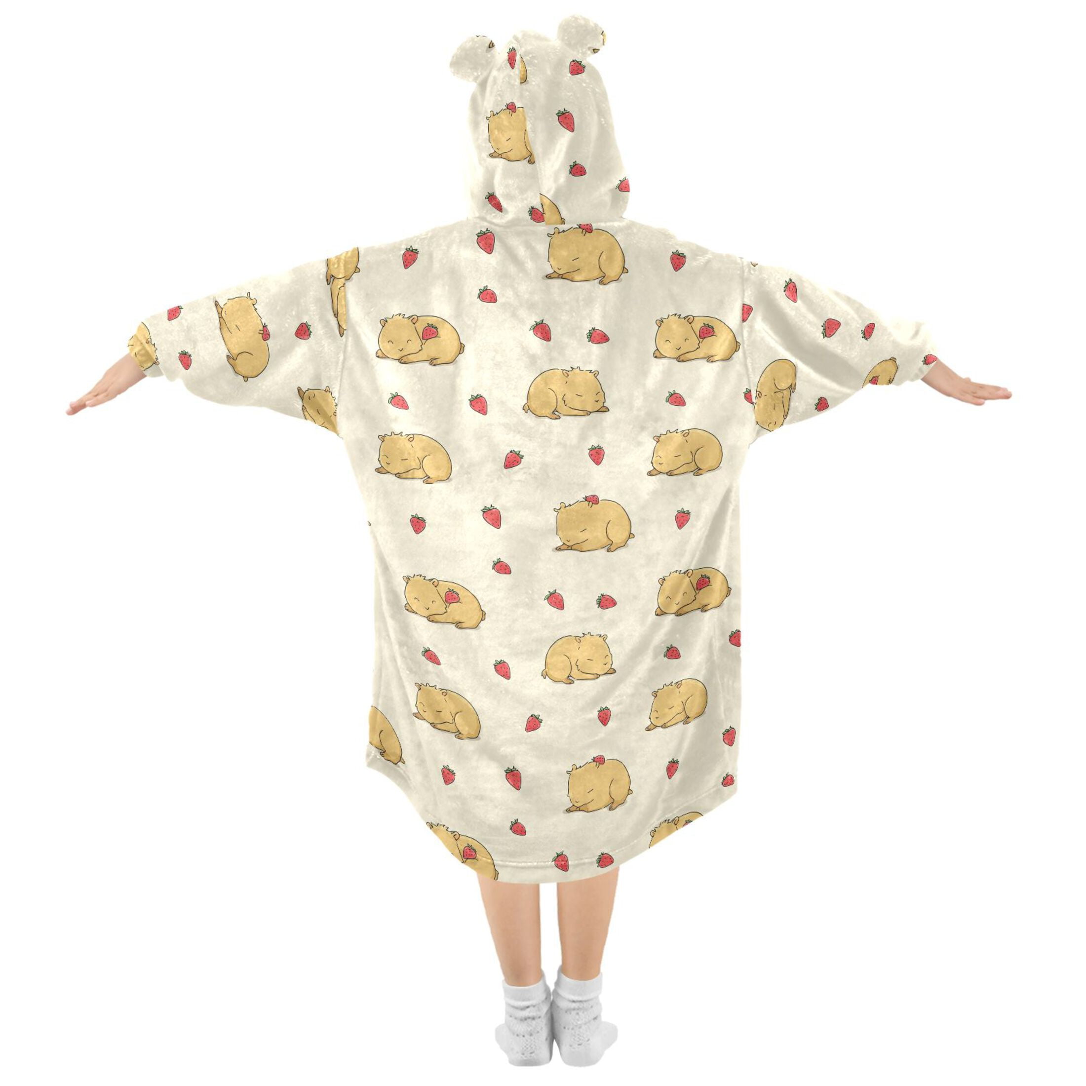 Wearable Blanket Hoodie for Kids Cute Guinea Pig and Strawberry Flannel Hooded Blanket with Pockets and Sleeves Suitable for Boys and Girls