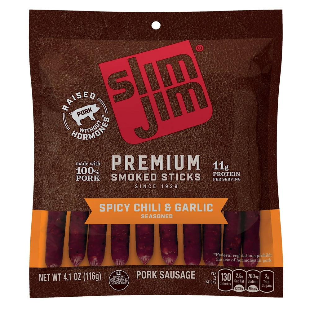 Slim Jim Premium Smoked Sticks, Spicy Chili & Garlic Flavor, 4.1 Oz
