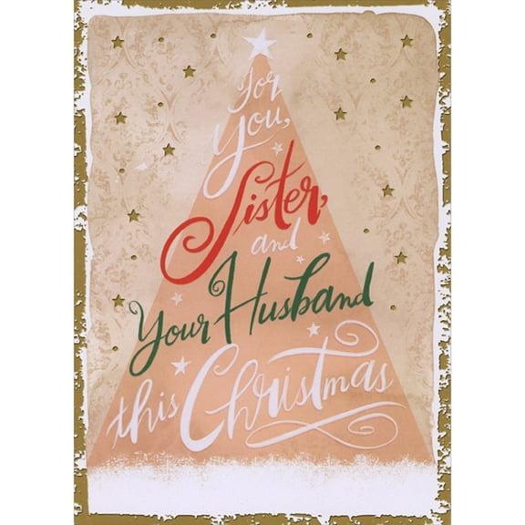 Designer Greetings Gold Foil Stars and Border Around Triangular Melon Colored Tree with White Star Christmas Card for Sister and Husband