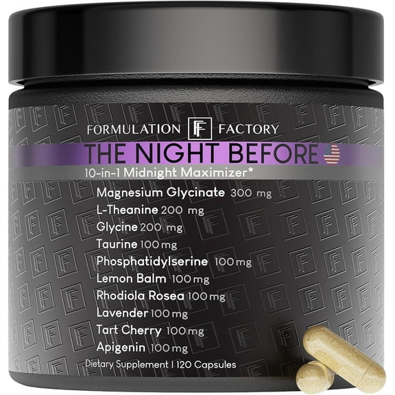 Formulation Factory The Night Before Supplement, 10-in-1 Sleep & Relaxation Support with Magnesium & L-Theanine, 120 Capsules, 2-Month Supply