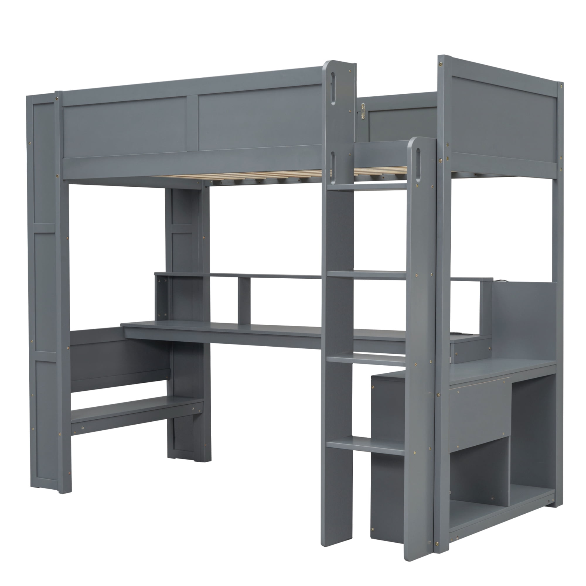 MAYEERTY Wood Twin Size Gaming Loft Bed with Desk, Multi-storage Shelves, LED and Charging Station, Dark Gray