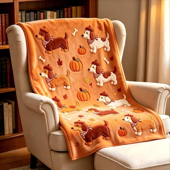 Lypsnake Fall Dachshund Pumpkin Throw Blanket, Cozy Warm Blanket with Sausage Dog Maple Leaf Pumpkin Pattern for Sofa Bed Couch & Autumn Season Home Decor