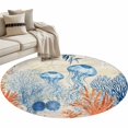 thumbnail image 2 of Summer Ocean Round Living Room Rugs 4 ft, Blue Jellyfish Orange Corals Shells Starfish Retro Washable Area Rug with Non-Slip Sturdy Edge Binding Round Carpet for Entryway Kitchen Bedroom Bathroom, 2 of 9