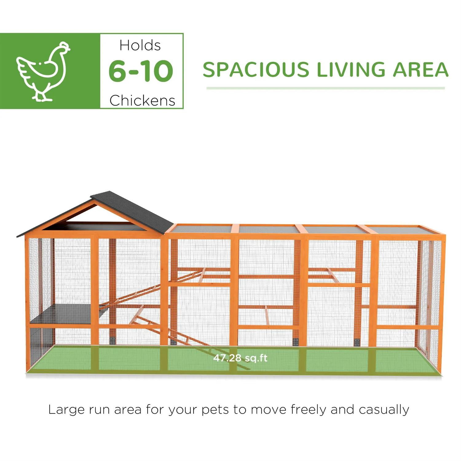 Pefilos 141" Large Chicken Coop Rabbit Hutch, Outdoor Wooden Poultry Cage Hen House Add-On with Storage, Perches for Garden Backyard, Orange