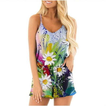 

Gzztg One Piece Long Sleep Romper Jumpsuits Women Fashion Sling Sleeveless Flower Print Elasticity Waist Casual Jumpsuits
