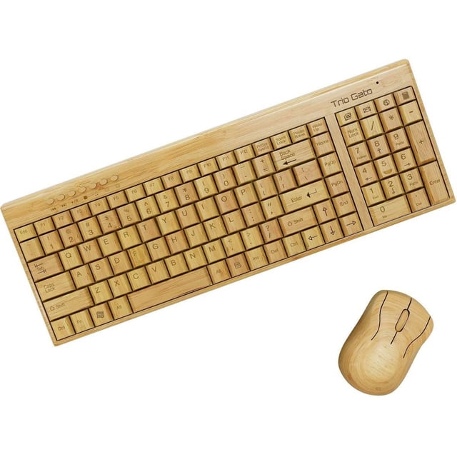 Teclado y ratón inalámbricos de bambú: naturales, hechos a mano y ecológicos. Teclado compacto con 2 teclados. Ratón de 3 botones con rueda de desplazamiento.