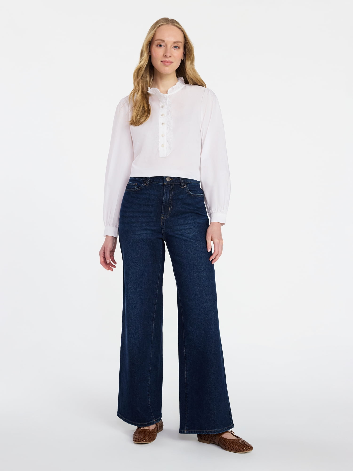 Time and Tru Women's Long Sleeve Ruffle Neck Button Down Top, Sizes XS-XXXL