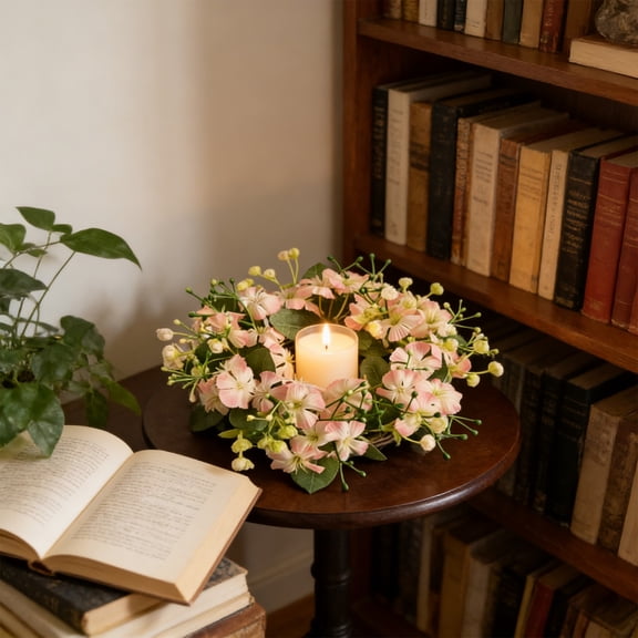 GFHFHITJ Candle Ring for Centerpieces, Small Artifical Flower Wreath Table Decor Floral Candle Wreath for Pillars Spring Summer Valentines Dinner Decorations