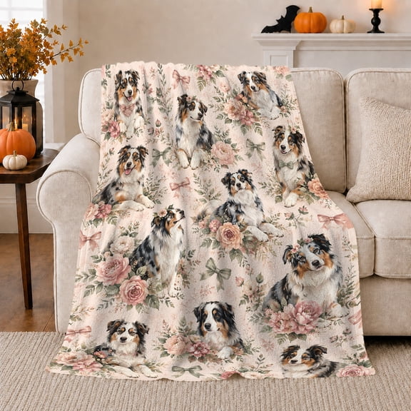 Merle Australian Shepherd Dog Portrait Pink Roses Autumn, Cozy Pet Portrait Pattern, Warm Flannel Blanket for Living Room and Bedroom, Dog Lovers Thanksgiving Gift, Pet Lover Home Decor