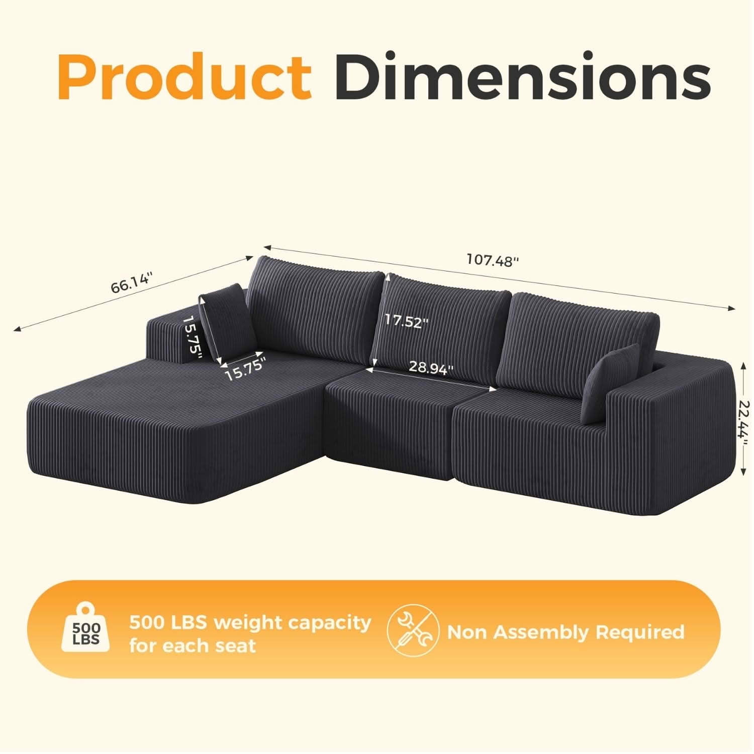 MAYEERTY 105IN Convertible Fluffy Sofa, 4‑Seat Memory Foam Modular Sectional Couch, Versatile Upholstered Free‑Combination Sofa for Living Room Bedroom Home Office Studio Apartment
