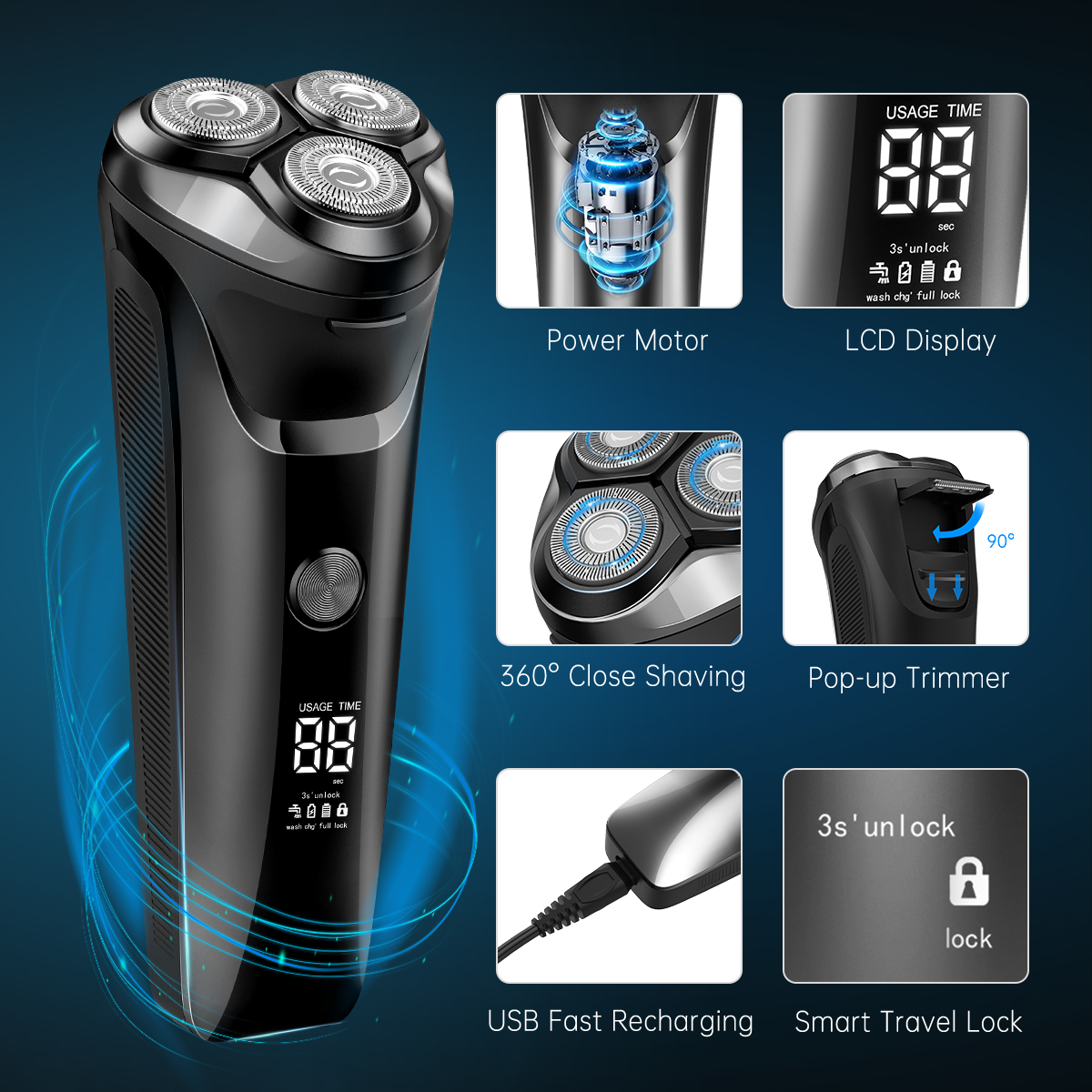 Men's Electric Razor, 2 in 1 4D Electric Rotary Shaver Cordless Rechargeable Face Beard Trimmer IPX7 Waterproof Dry/Wet, W/ LED Display & Holder for Husband Dad Travel - image 2 of 8