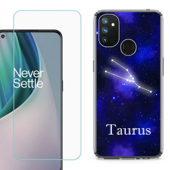 Slim-Fit Shockproof Phone Case compatible with OnePlus Nord N100, with Tempered Glass Screen Protector, by OneToughShield ® - Zodiac / Taurus