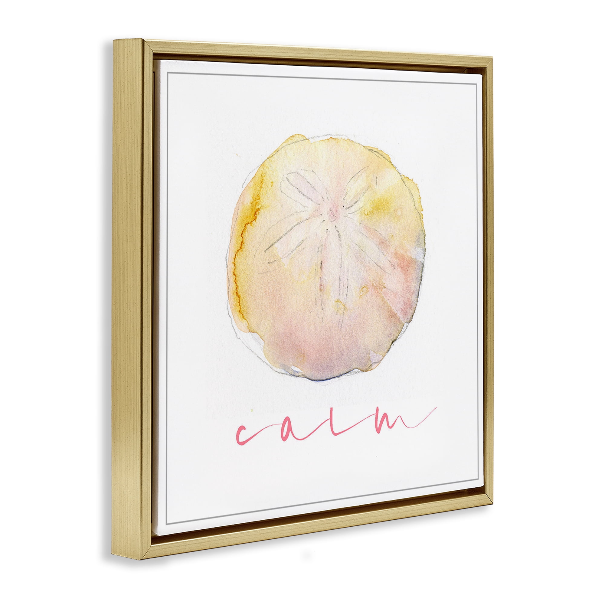 Stupell Industries Sand Dollar Calm Phrase Nautical & Beach Painting Gold Floater Framed Canvas Art Print Wall Art, 25 x 25