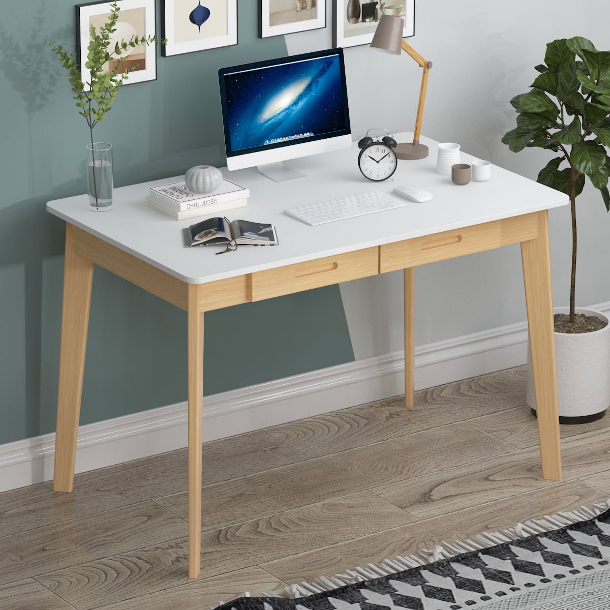 MONSLIPA Industrial Modern Wooden Desk with Storage Drawers, Office Computer Desk and Home Office Desk with Sturdy Wood Legs, 40" Long (White)