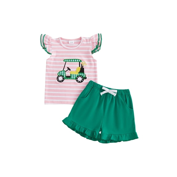 BemeyourBBs Toddler Baby Girl Golf Outfits Infant Baby Girls Summer Clothes Golf Cart Embroidered Striped Fly Sleeve T Shirt Tops Elastic Waist Pockets Shorts 2Pcs Clothes Set