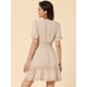 thumbnail image 4 of Mini vestido sólido de manga corta con cuello en V y cintura elástica para mujer Beige L, 4 of 5