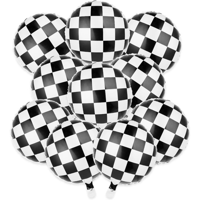 10Pcs Race Car Balloons, 18 Inch Checkered Balloons Foil Racing Car Balloon Black and White Checkered Balloons Sphere Checkerboard Balloon for Racing Themed Party Supply