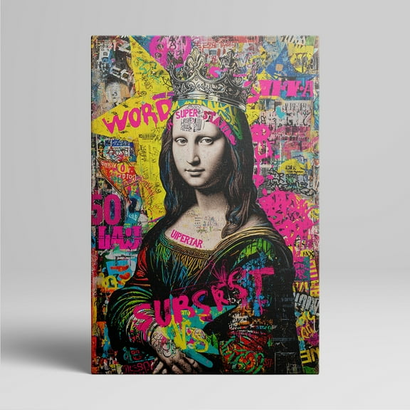 1pc Pop - Art Style Mona Lisa Canvas Painting with Crown and Graffiti - inspired Background, framed Decor room hanging Wall Picture Decor for Home Gifts, living room, bathroom, bedroom, kitchen wall