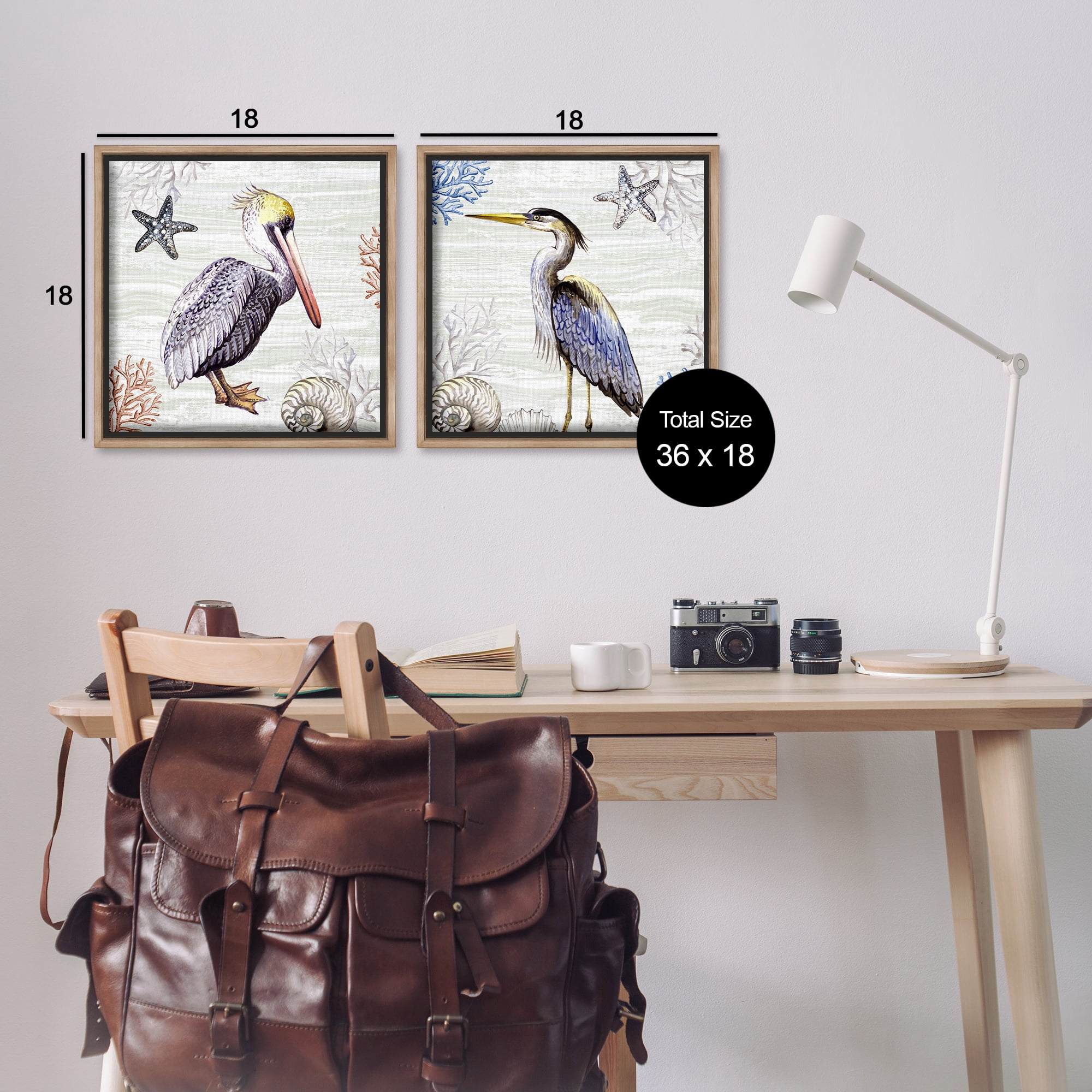 Stupell Industries Coastal Pelican & Heron Animals Painting Brown Floater Framed Canvas Art Print Wall Art, 18 x 18, Set of 2