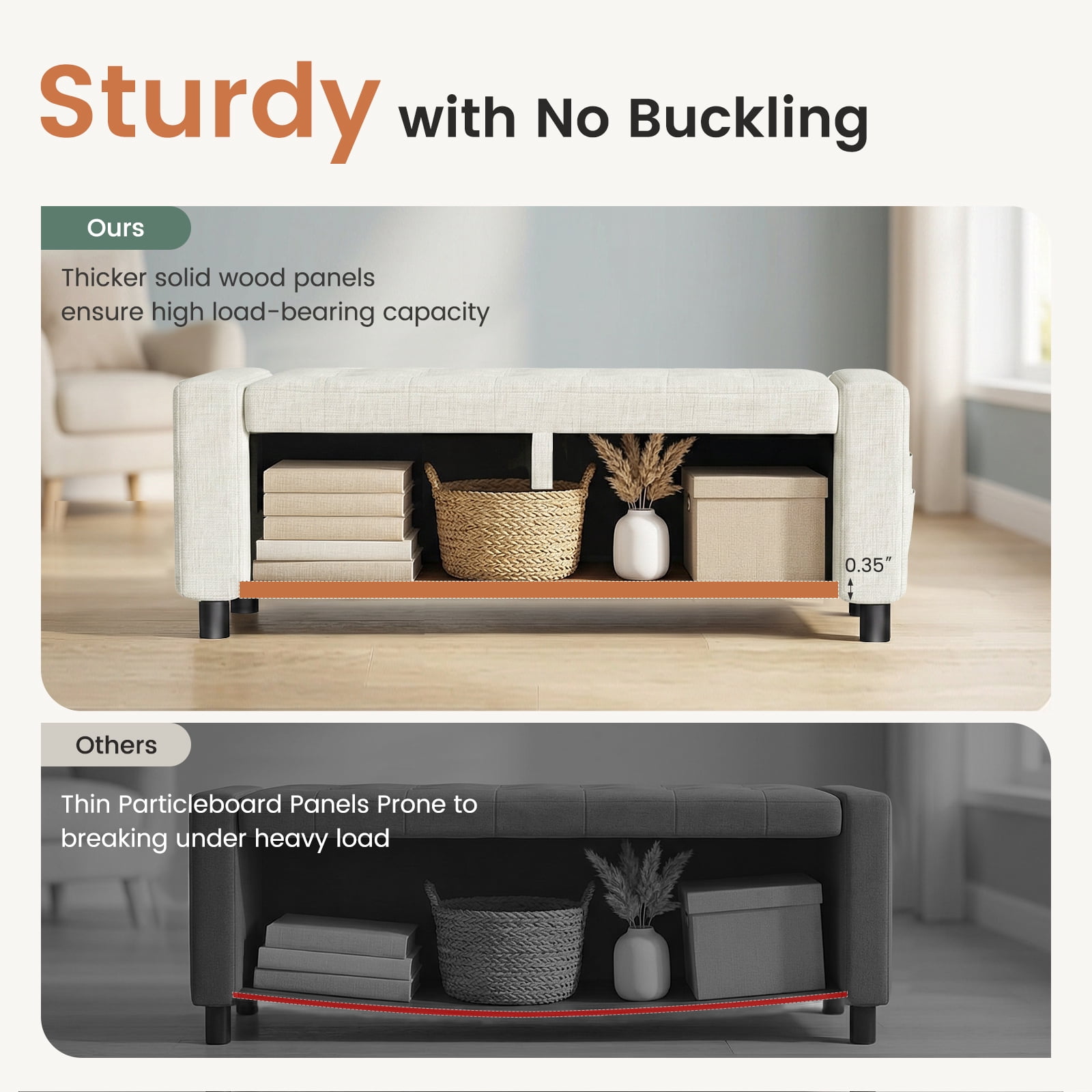 46" Storage Ottoman Bench with Hidden Compartment & Side Pocket,400 lbs Capacity,Safety Hinge,Multi-Functional End of Bed/Entryway Storage,Beige