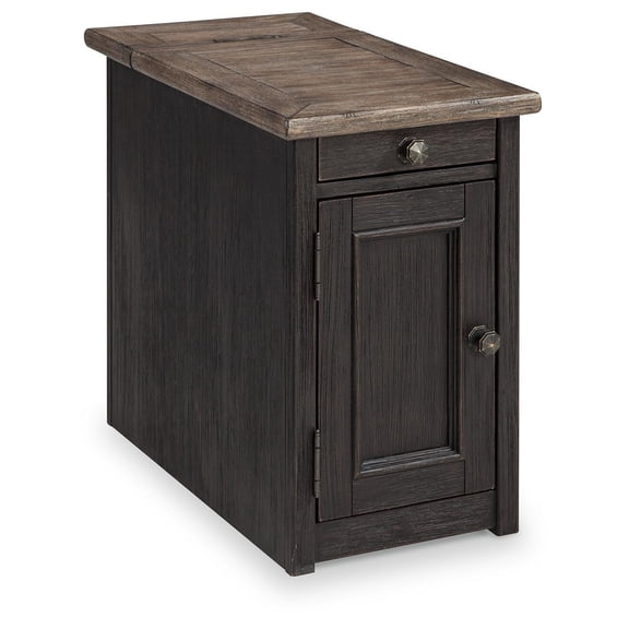 Signature Design by Ashley Tyler Creek Rustic Farmhouse Chairside End Table with USB Charging Ports & Cup Holders - Grayish Brown/Black