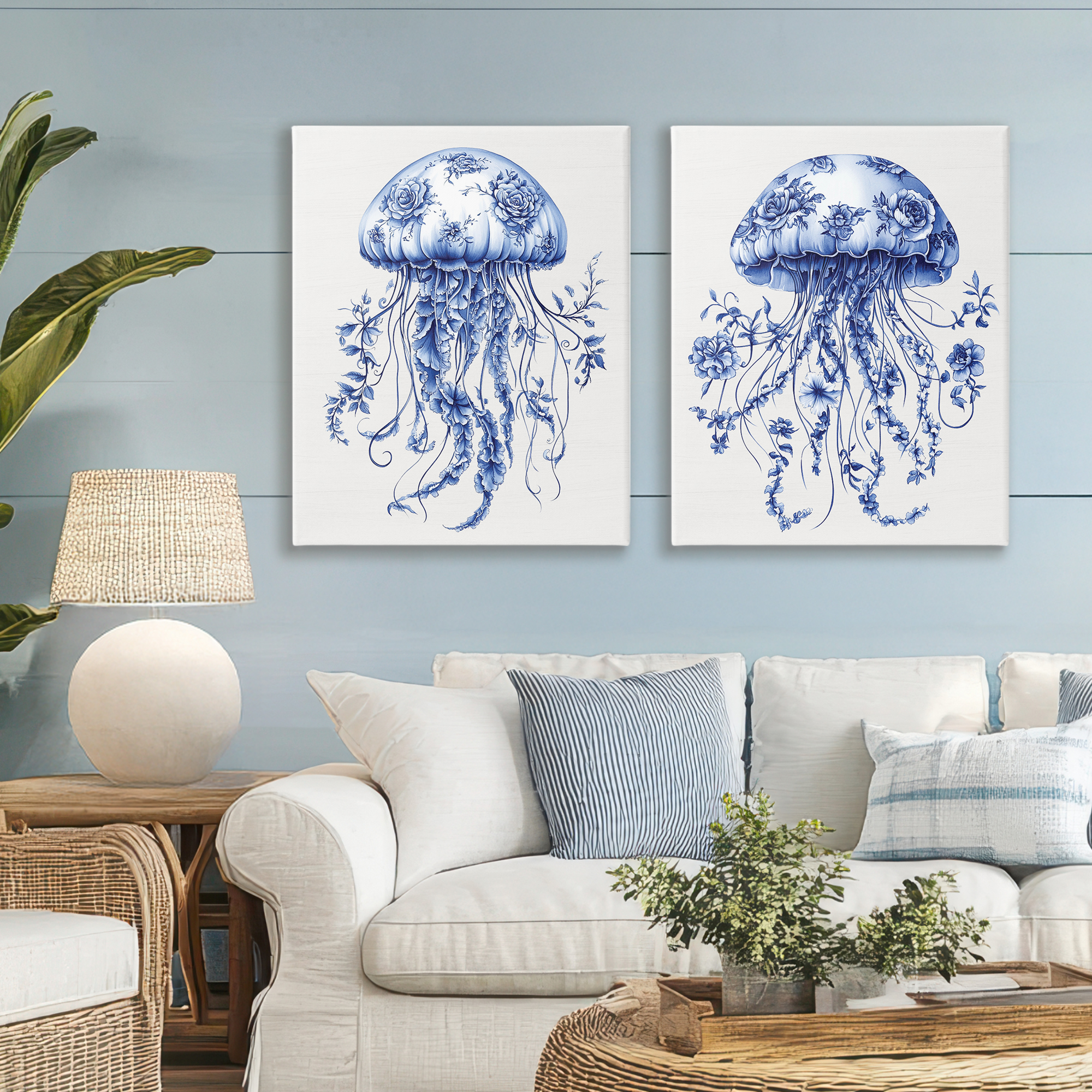 Funky Florals Toile Jellyfish 2 Piece Canvas Wall Art Set, design by Lettered and Lined