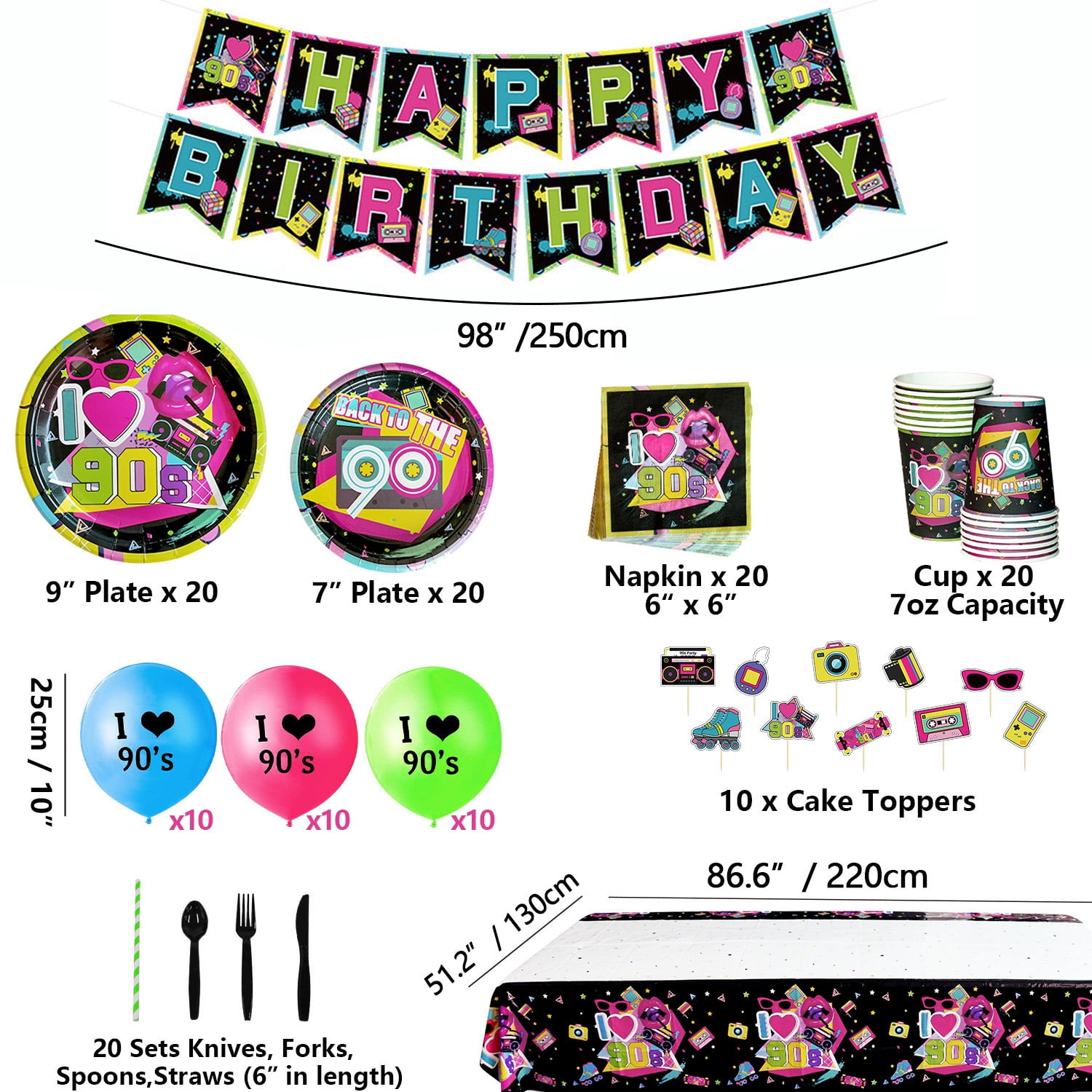 90s Party Supplies - Back to the 90s Party Decorations Set Including HAPPY BIRTHDAY Banner, Hanging Swirls, 90s Element Bunting, Plates, Cups, Napkins, Tableware, Tablecloth, Balloons - Serves 20