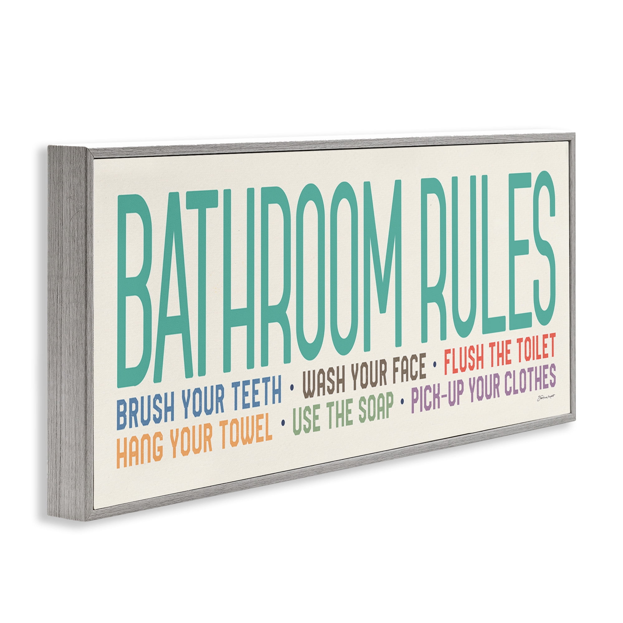 Stupell Industries Bathroom Rules with Teal Text Abstract Painting Gray Framed Art Print Wall Art, 30 x 13
