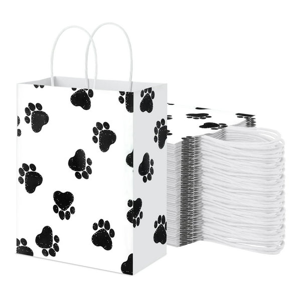 BagDream 25Pcs White Puppy Dog Gift Bag 8x4.25x10.5 Inch Kraft Dog Paw Goodie Treat Bag with Handles for Puppy Pet Party Favors Paw Print Party Supplies