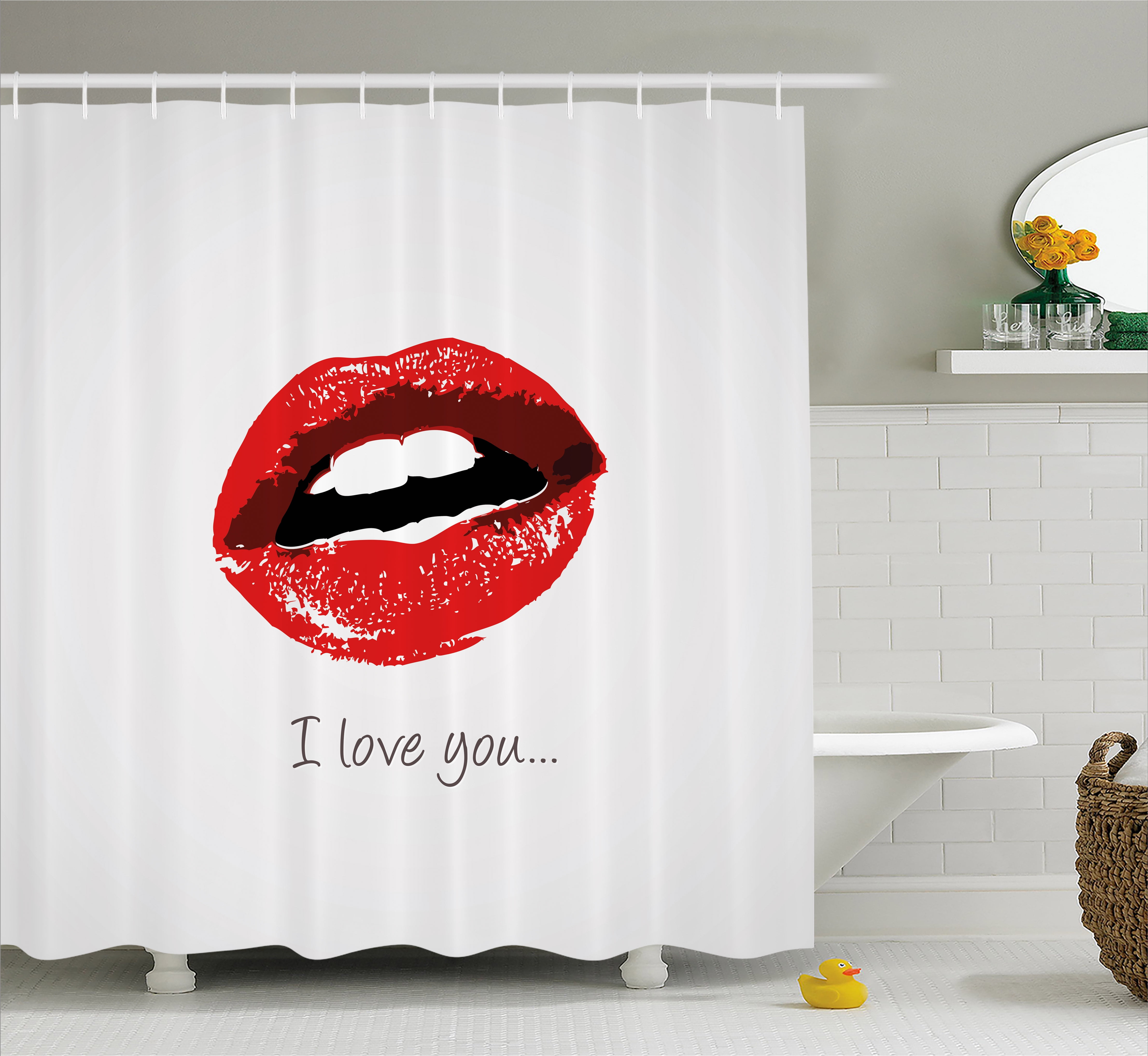 I Love You Shower Curtain, Comical Seductive Female Lips Ajar in Desire ...