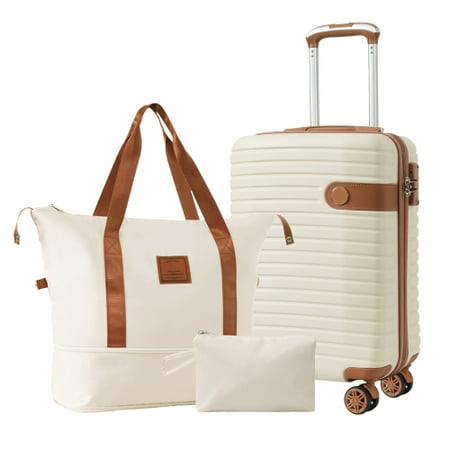 ACE-Travel,20" Carry on Luggage Sets(3PCS) Airline Approved with an Expandable Weekender Bag & a Toiletry Bag,Durable,Lightweight,ABS Hardshell Suitcases with TSA Lock,Wheels,TPE Elastic Handle(Cream)